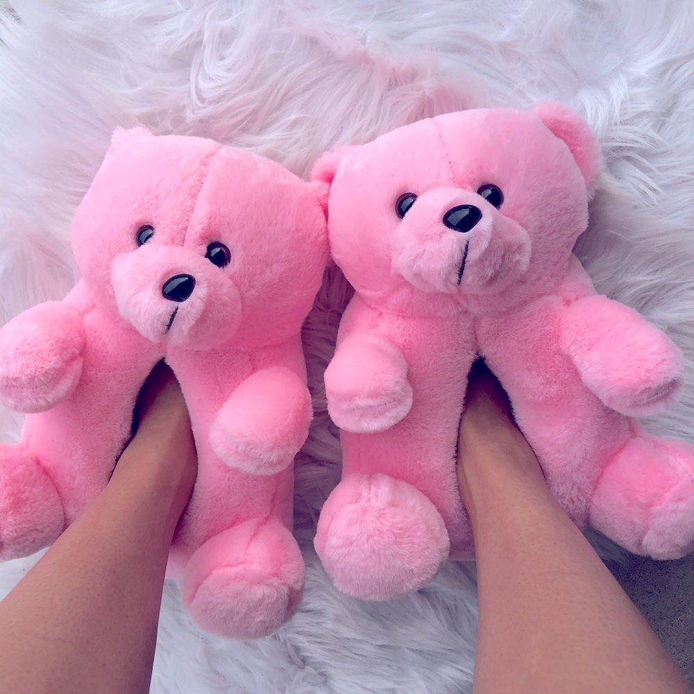 Pink Teddy Bear Plush Indoor Outdoor Slippers - Picture 6 of 11